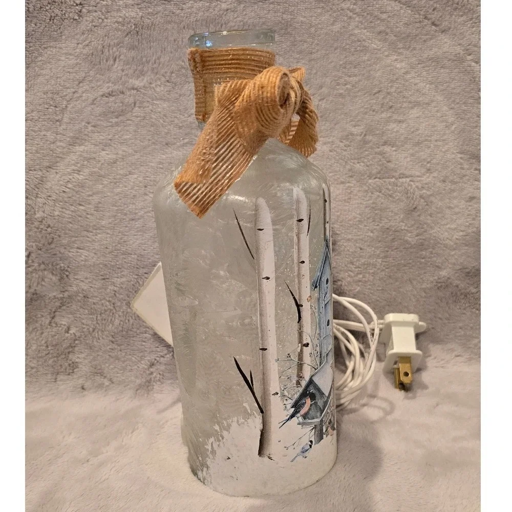 Frosted Glass Bottle Light Winter Birdhouse Birch Tree Scene Burlap Decor 7.75